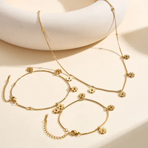Stainless Steel Daisy Floral Jewelry Set For Women Gold Silver Plated Dainty Flower Necklace Bracelet Anklet Bohemian Beach Jewelry Gift