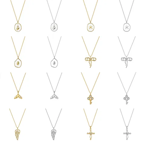 925 Sterlingsilber Ozean Serie Anhänger Halskette Für Damen Zirkonia Eingelegt Weiß Emaille Muschel Seestern Meerjungfrauenschwanz Kreuz Schlüssel Schleife Flügel Schmuck