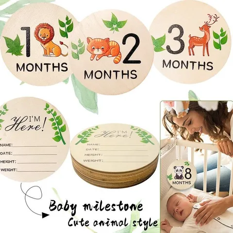 Baby Milestone Wooden Cards Double Sided Printed Animal Monthly Discs Newborn Photography Props Baby Shower Gift
