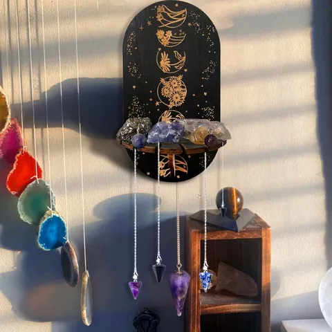 Bohemian Wooden Crystal Display Stand Moon Phase Witch Hanging Decor Shelf Healing Stone Holder Home Decor