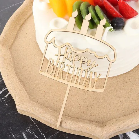 Wooden Happy Birthday Cake Topper Forest Style Laser Cut Cake Decoration Party Photography Props Dessert Topper