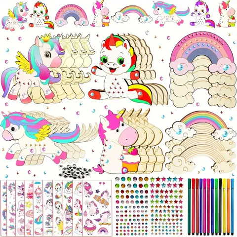 Kids DIY Wooden Painting Craft Kit Unicorn Animal Wood Slices With Watercolor Pens Diamond Stickers Educational Toy Set