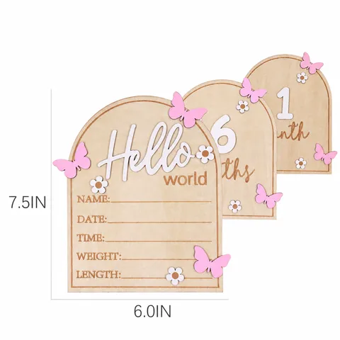 Wooden Newborn Birth Month Milestone Card Baby Photography Prop Cute Floral Design Round Commemorative Board