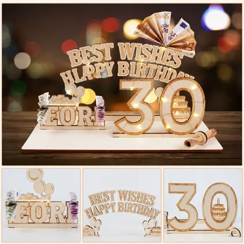 Wooden Birthday Money Holder Sign With LED Light Laser Cut Poplar Wood Desk Ornament Gift For Birthday Party