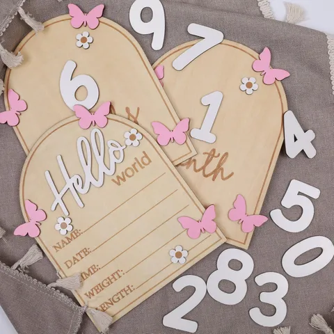 Wooden Newborn Birth Month Milestone Card Baby Photography Prop Cute Floral Design Round Commemorative Board