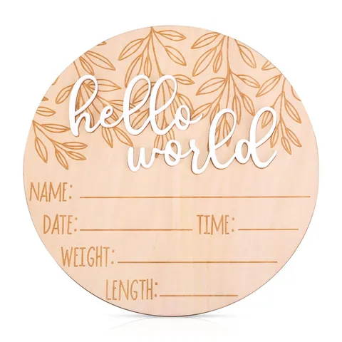 3D Hello World Annonce de Naissance Panneau en Bois Disque Jalon de Nouveau-né Cadeau de Fête de Bébé Décoration de Chambre de Bébé Accessoire de Photographie