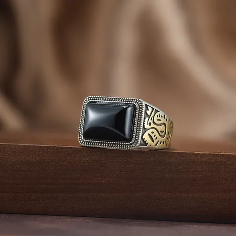 Bague Vintage en Argent Sterling 925 pour Hommes avec Agate Noire Motif Totem Doré Mode Européenne Américaine Personnalité Bijoux