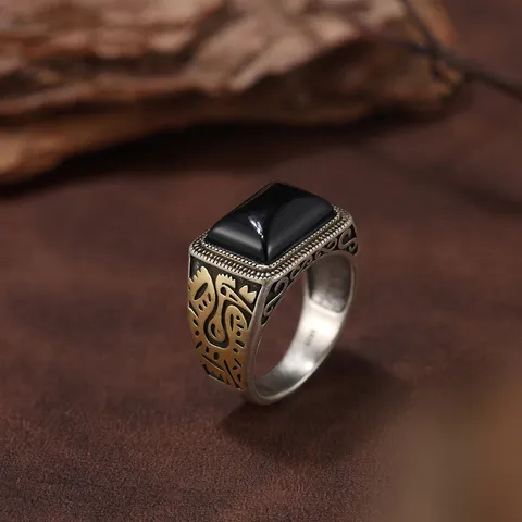 Bague Vintage en Argent Sterling 925 pour Hommes avec Agate Noire Motif Totem Doré Mode Européenne Américaine Personnalité Bijoux
