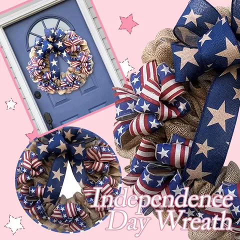 Couronne du Jour de l'Indépendance Couronne en Jute Patriotique Avec Nœud en Tissu Étoiles et Rayures Décoration de Porte Maison