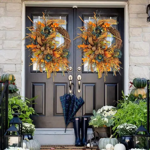 Autumn Artificial Blue Sunflower Wreath With Leopard Print Ribbon And Maple Leaves For Front Door Garden Wall Decoration