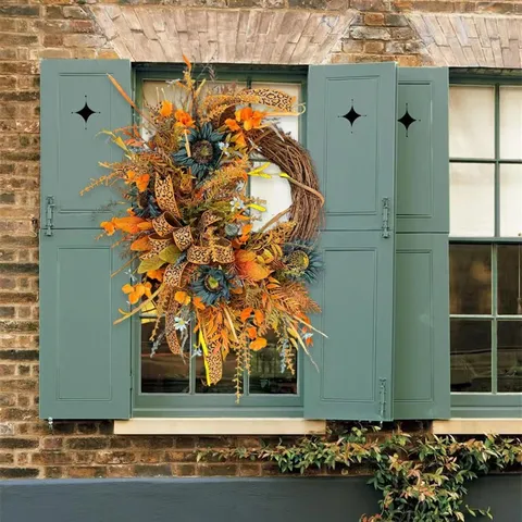 Autumn Artificial Blue Sunflower Wreath With Leopard Print Ribbon And Maple Leaves For Front Door Garden Wall Decoration