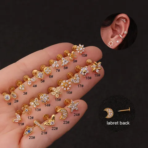 Zirconia Flower Cartilage Stud Stainless Steel Lip Stud Copper Inlaid Flat Back Piercing Jewelry For Women Fashion Accessory 316L