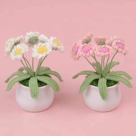 Handmade Knitted Daisy Potted Plant Crochet Flower Ornament Desktop Artificial Greenery Decoration Gift For Teachers Day Graduation