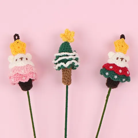 Handmade Crochet Christmas Tree Stem Woolen Yarn Knitted Artificial Flower Branch for Holiday Home Party Decoration