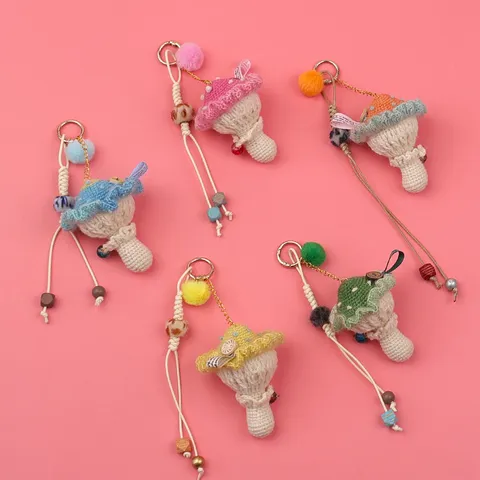 Handmade Crochet Mushroom Keychain Cute Forest Style Woolen Yarn Bag Charm For Women Phone Accessory Beaded Pom-pom Pendant Gift