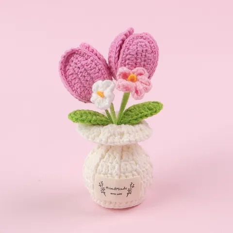 Handgemacht Gehäkelt Tulpe Topfpflanze Garn Gestrickt Künstliche Blume In Weißer Vase Schreibtisch Ornament Dekoration
