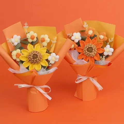Handmade Crocheted Yarn Sunflower Bouquet Artistic Knitted Daisy Fake Flowers For Teacher Graduation Gift Room Table Decorative Bouquet