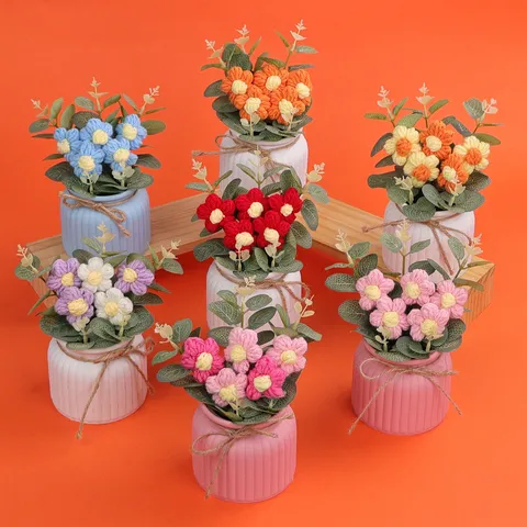 Handgemachte Garn Häkeln Puff Blume Topfpflanze Ornament Warm Büro Desktop Keramik Tisch Dekorative Künstliche Pflanze Blumentopf