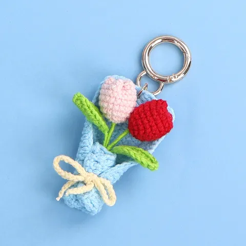 Handmade Knitted Tulip Bouquet Keychain Creative Woven Flower Charm Pendant Sweet Crochet Bag Ornaments Hanging Decor For Gift