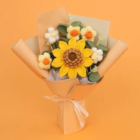 Handmade Crocheted Yarn Sunflower Bouquet Artistic Knitted Daisy Fake Flowers For Teacher Graduation Gift Room Table Decorative Bouquet