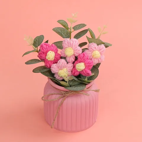Handgemachte Garn Häkeln Puff Blume Topfpflanze Ornament Warm Büro Desktop Keramik Tisch Dekorative Künstliche Pflanze Blumentopf