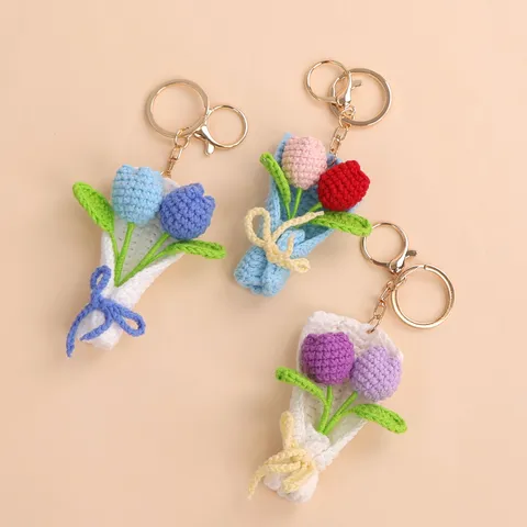 Handmade Crochet Tulip Flower Bouquet Keychain Cute Knit Floral Bag Pendant For Women Girls Gift Lobster Clasp Key Ring