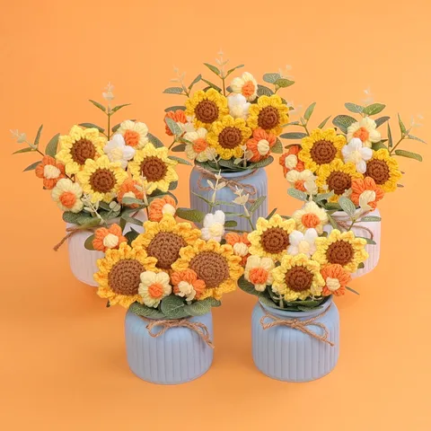 Handmade Knitted Sunflower Potted Plant Crochet Puff Flower Bouquet Desktop Ornament With Ceramic Pot Gift For Girls Women