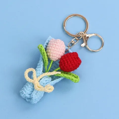 Handmade Crochet Tulip Flower Bouquet Keychain Cute Knit Floral Bag Pendant For Women Girls Gift Lobster Clasp Key Ring