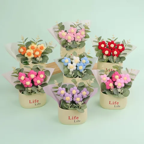 Handmade Woolen Knitted Puff Flower Potted Plant Creative Yarn Bouquet Ornament Tabletop Decor Knitted Flower Gift for Women Birthday Valentine's Day