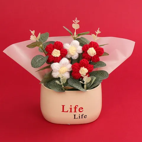Handmade Woolen Knitted Puff Flower Potted Plant Creative Yarn Bouquet Ornament Tabletop Decor Knitted Flower Gift for Women Birthday Valentine's Day