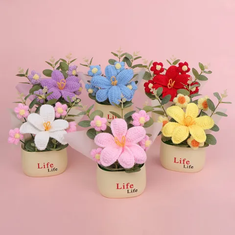 Creative Handmade Crochet Tulip Puff Flower Bouquet Potted Desktop Ornament Knitted Flower Plant Table Decoration For Mothers Day Gifts