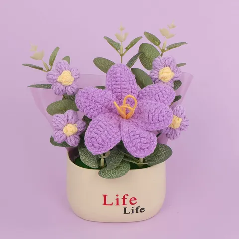 Creative Handmade Crochet Tulip Puff Flower Bouquet Potted Desktop Ornament Knitted Flower Plant Table Decoration For Mothers Day Gifts