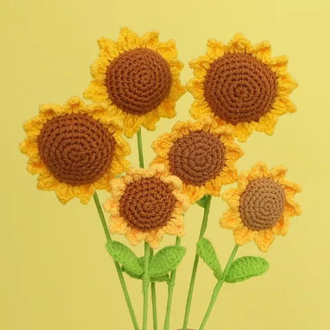 Handmade Crochet Sunflower Single Stem Knitted Artificial Bouquet With Smiley Face Yarn Fake Flower For Graduation Teachers Day Gift Home Table Decor