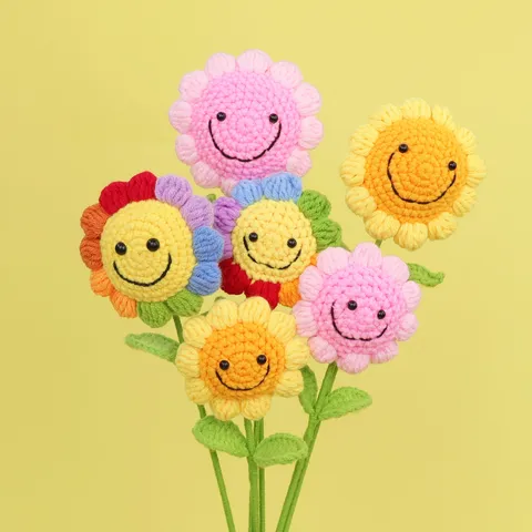 Handmade Crochet Sunflower Single Stem Knitted Artificial Bouquet With Smiley Face Yarn Fake Flower For Graduation Teachers Day Gift Home Table Decor