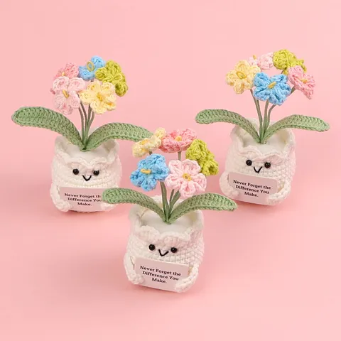 Ornement de Bureau de Fleur en Pot de Myosotis Multicolore Tricoté en Fil Fait Main Mignon Visage Souriant Base Blanche Avec Carte pour Décoration Maison Bureau
