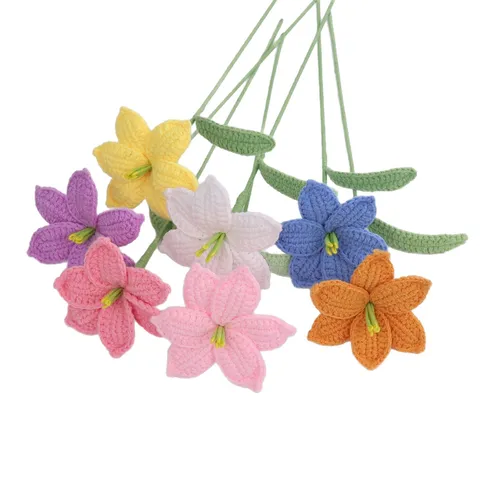 Handmade Crochet Lily Flower Knitted Artificial Lily Bouquet Eternal Flower Single Stem For Home Table Room Decoration Gift