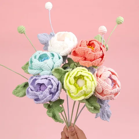 Handmade Crochet Ranunculus Flower Bouquet Knit Yarn Artificial Flower Stem For Home Room Decoration Pastoral Floral Gift