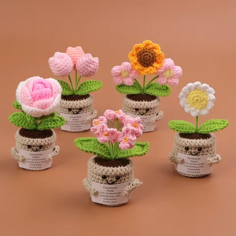 Handmade Crochet Emotional Plant Potted Flower Ornament Simulation Daisy Rose Sunflower Woven Plant With Inspirational Label Gift