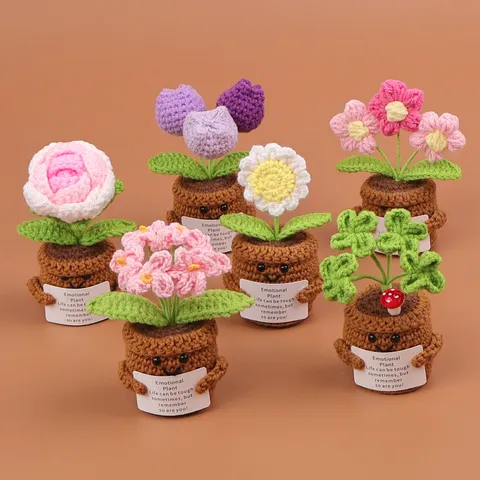 Handmade Crochet Potted Plant Emotional Flower Ornament With Smile Face Pot Knitting Wool Tulip Rose Sunflower Desk Decor