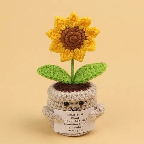 Handmade Crochet Emotional Plant Potted Flower Ornament Simulation Daisy Rose Sunflower Woven Plant With Inspirational Label Gift