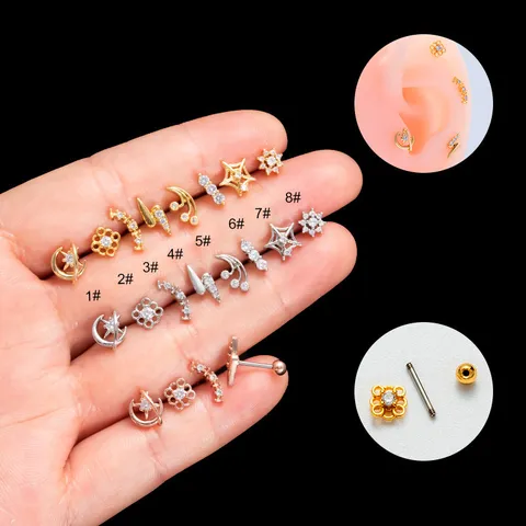 Fashion Stainless Steel Rhinestone Stud Earrings Double Head Screw Cartilage Piercing Heart Flower Lightning Earrings For Women Jewelry Gift