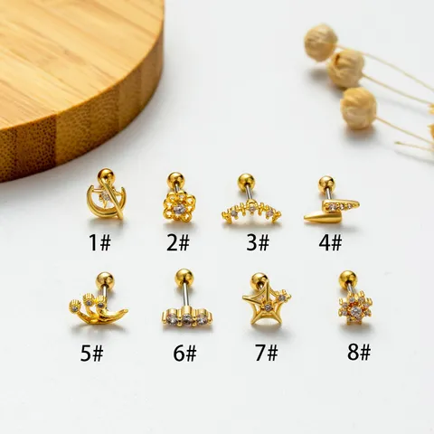 Fashion Stainless Steel Rhinestone Stud Earrings Double Head Screw Cartilage Piercing Heart Flower Lightning Earrings For Women Jewelry Gift