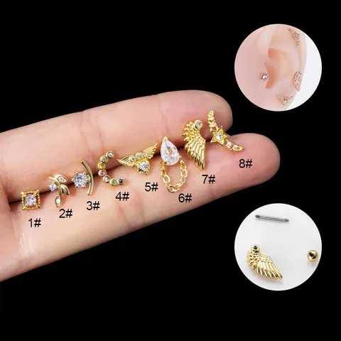 Stainless Steel Cartilage Helix Stud Earrings Rhinestone Star Wing Double Screw Piercing Jewelry For Women