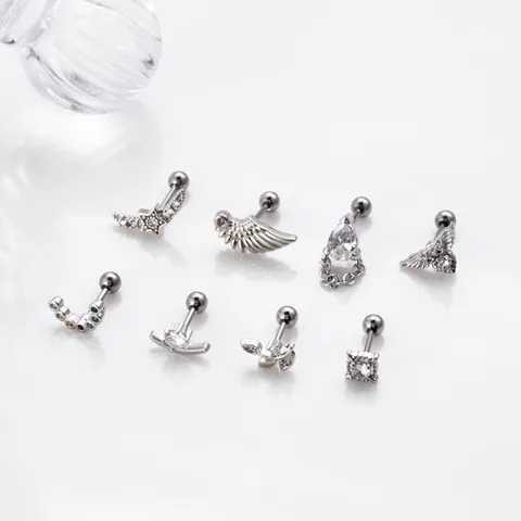 Stainless Steel Cartilage Helix Stud Earrings Rhinestone Star Wing Double Screw Piercing Jewelry For Women
