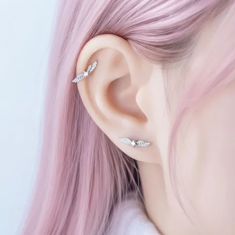 Pendiente de Cartílago de Aleación de Titanio Alas de Estrella Perno de Oreja con Cierre de Rosca Joyería de Piercing de Strass para Mujer
