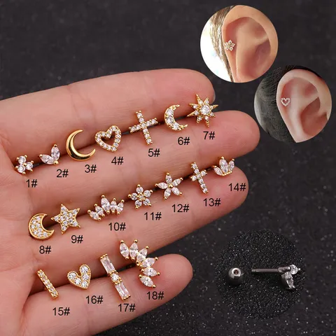 Stainless Steel Zirconia Tragus Piercing Stud Earrings Heart Crown Star Moon Helix Cartilage Screw Back Earrings For Women