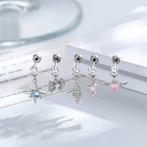 Pendientes de Botón de Cartílago de Aleación de Titanio con Circonia y Lazo de Estrella para Mujer