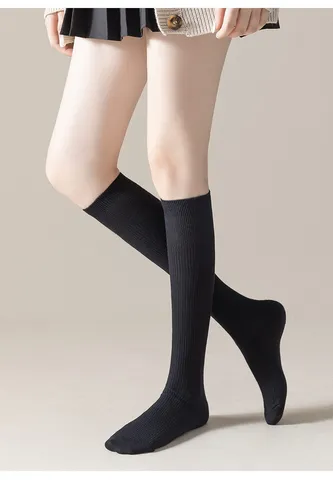 Damen Casual EinFarbig Gerippte Lange Socken Gekämmte Baumwolle Hohe Wadenstrümpfe