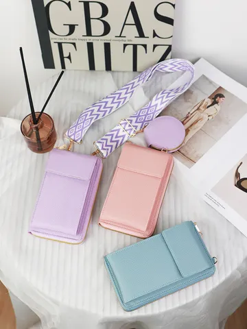 Japanischer Stil Einfach PU Leder Umhängetasche Handytasche Set Mit Breitem Geometrischem Gurt Für Damen Mode Multifunktionales Portemonnaie Set