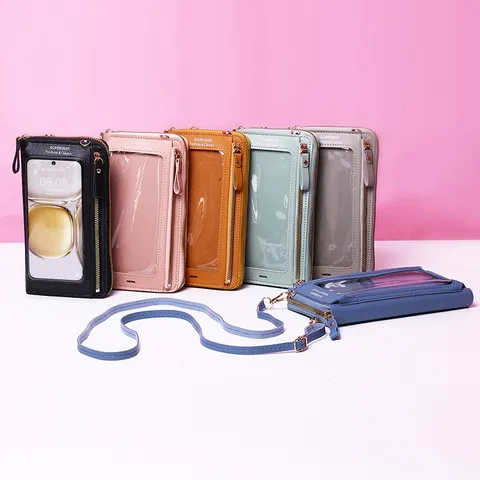Women Touch Screen Mobile Phone Bag PU Leather Multi Function Crossbody Shoulder Bag Letter Print Zip Card Holder Coin Purse Bag